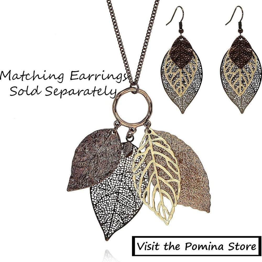 Gold Silver Two Tone Filigree Fall Leaf Pendant Long Necklace Chic Sweater Chain - Picture 5 of 9